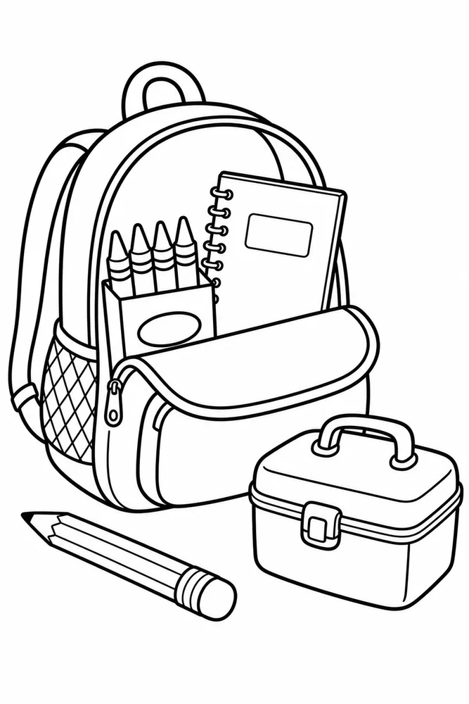 Black-and-white coloring page of a backpack with crayons and a notebook, plus a pencil and lunch box.