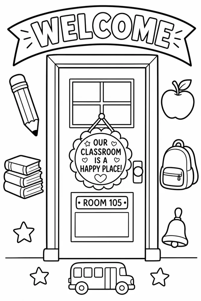 Black-and-white coloring page with a welcome banner above a classroom door and school icons around it.