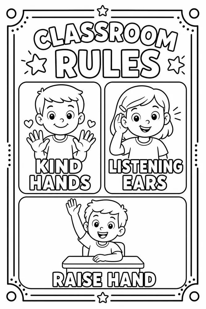 Black-and-white classroom rules poster coloring page with Kind Hands, Listening Ears, and Raise Hand sections.