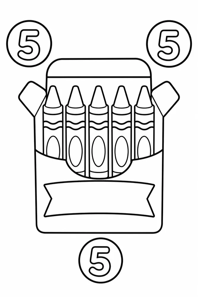 Black-and-white crayon box coloring page with five crayons, three number 5 circles, and a blank banner label.