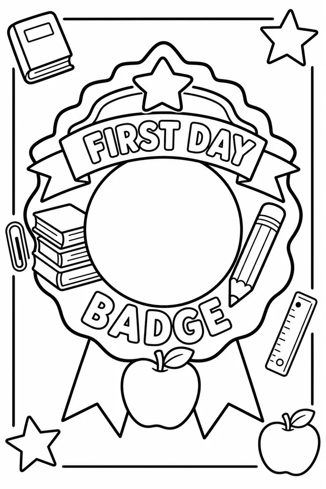 Black-and-white first day badge coloring page with a blank center circle, stars, books, pencil, ruler, apples, and border lines.
