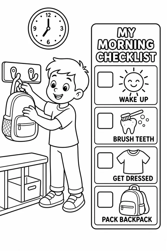 Black-and-white coloring page of a child hanging a backpack next to a four-step morning checklist and a wall clock.