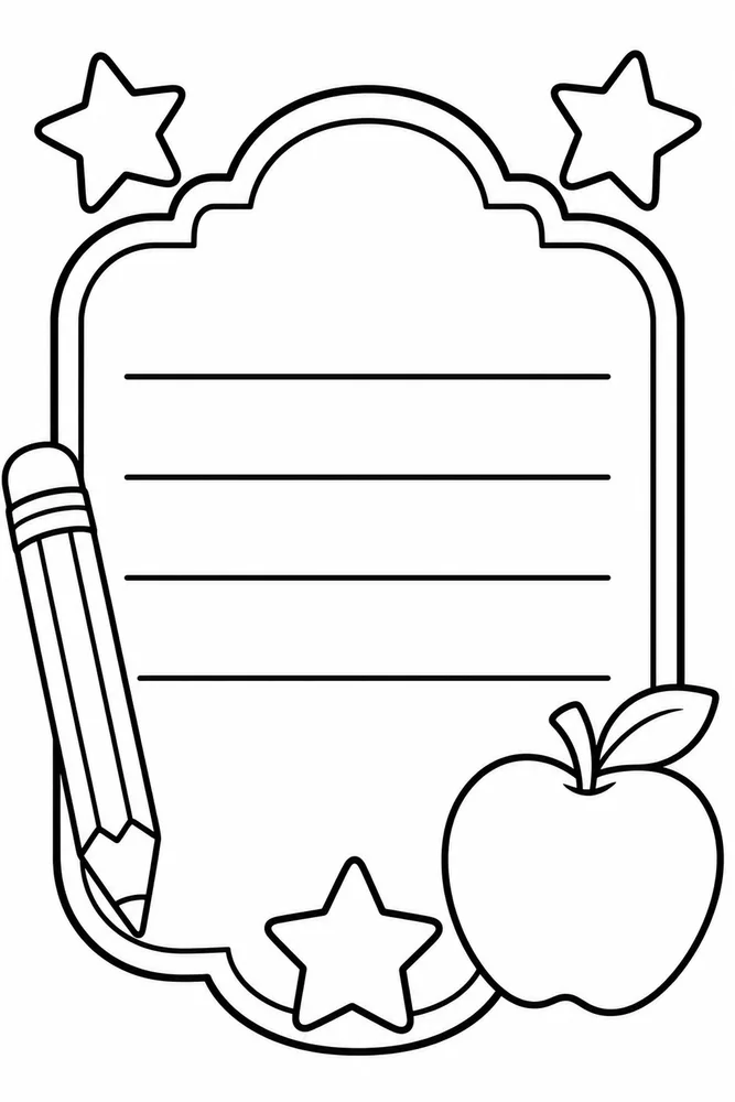 Printable name tag coloring page with four writing lines, two stars, a pencil, and an apple.