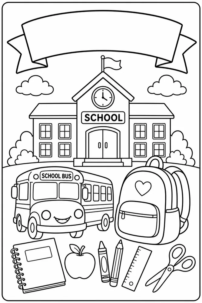 Back-to-school cover coloring page with a school building, school bus, backpack, notebook, apple, crayons, ruler, and scissors