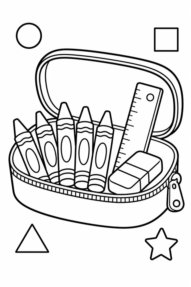 Black-and-white coloring page of an open pencil case with crayons, a ruler, an eraser, and simple shapes around it.