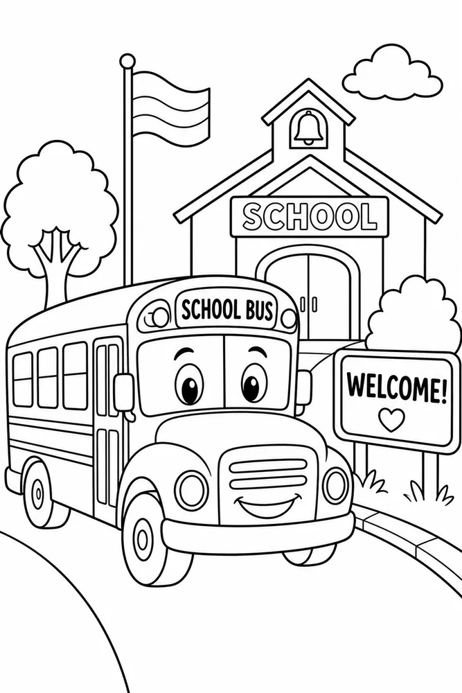 Black-and-white coloring page of a smiling school bus in front of a school with a welcome sign, flag, tree, and clouds.