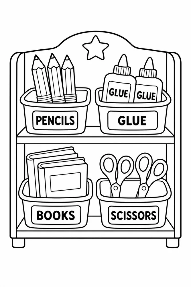 Coloring page of a classroom supply shelf with labeled bins for pencils, glue, books, and scissors