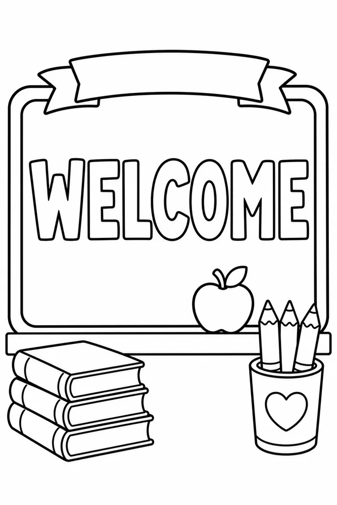 Black-and-white welcome board coloring page with books, an apple, and pencils in a cup.