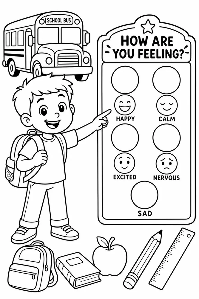 Child with backpack points to a how are you feeling board with happy, calm, excited, nervous, and sad choices.