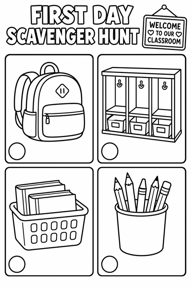 First Day Scavenger Hunt coloring page with four picture boxes showing a backpack, cubbies, book basket, and pencil cup.