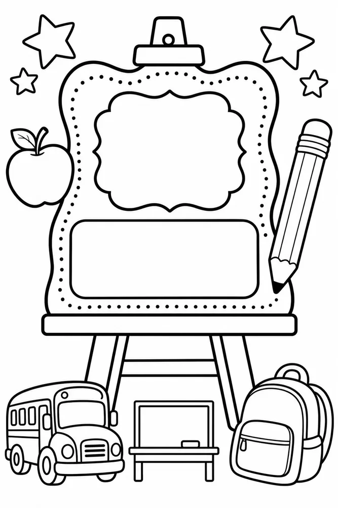 Black-and-white first day of school sign on an easel with two blank spaces, stars, apple, pencil, school bus, backpack, and small chalkboard.