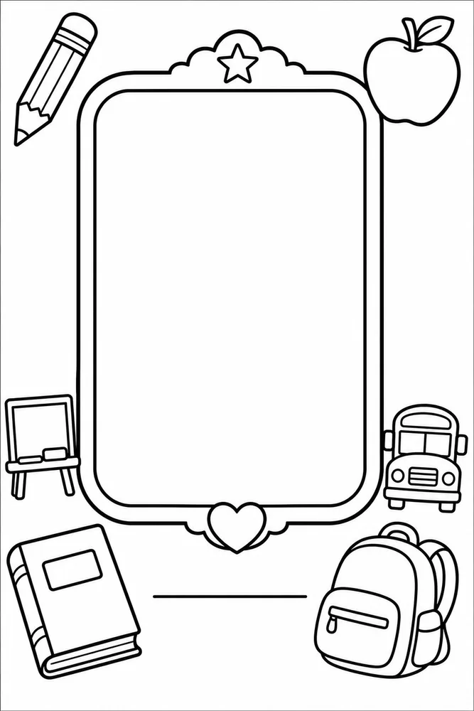 Black-and-white self portrait coloring page with a large blank frame, name line, pencil, apple, book, easel, school bus, and backpack.