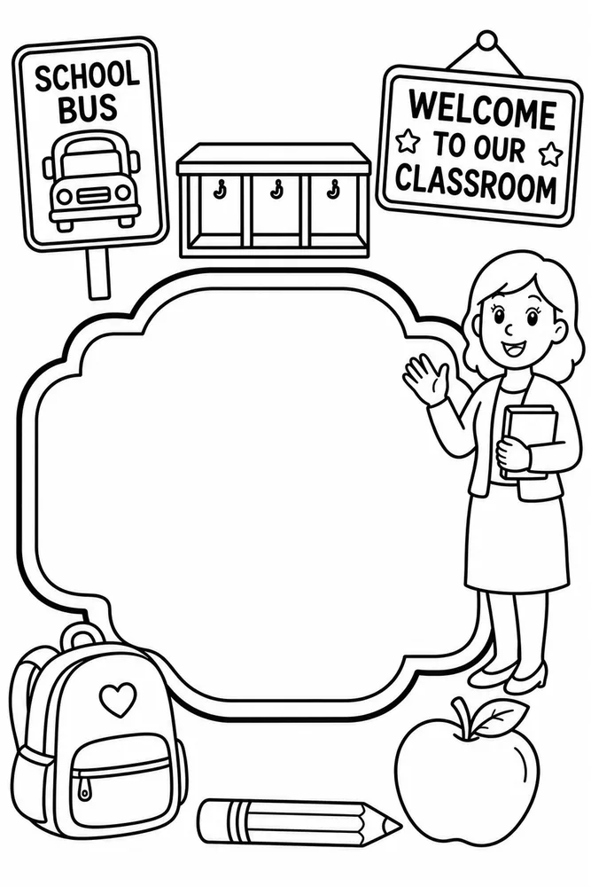 Black-and-white classroom name tag page with a large blank label, teacher, cubbies, backpack, pencil, apple, and welcome signs.
