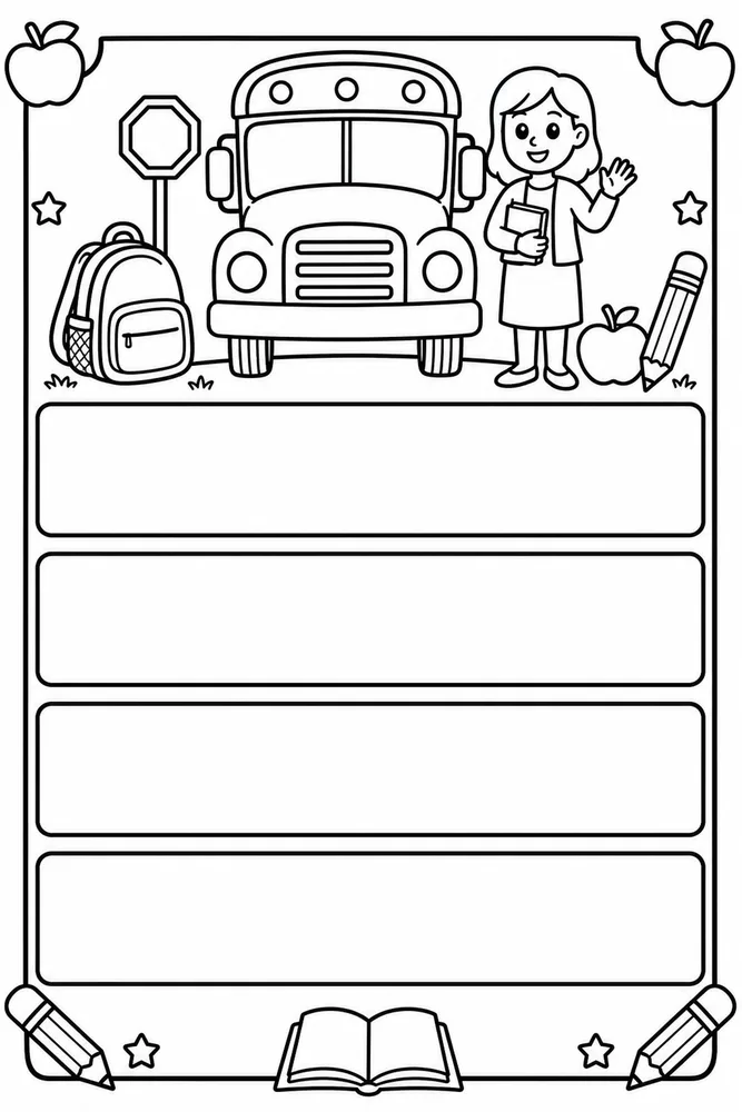 Black-and-white school bus name writing page with a teacher, backpack, four blank writing rows, apples, pencils, and a book.