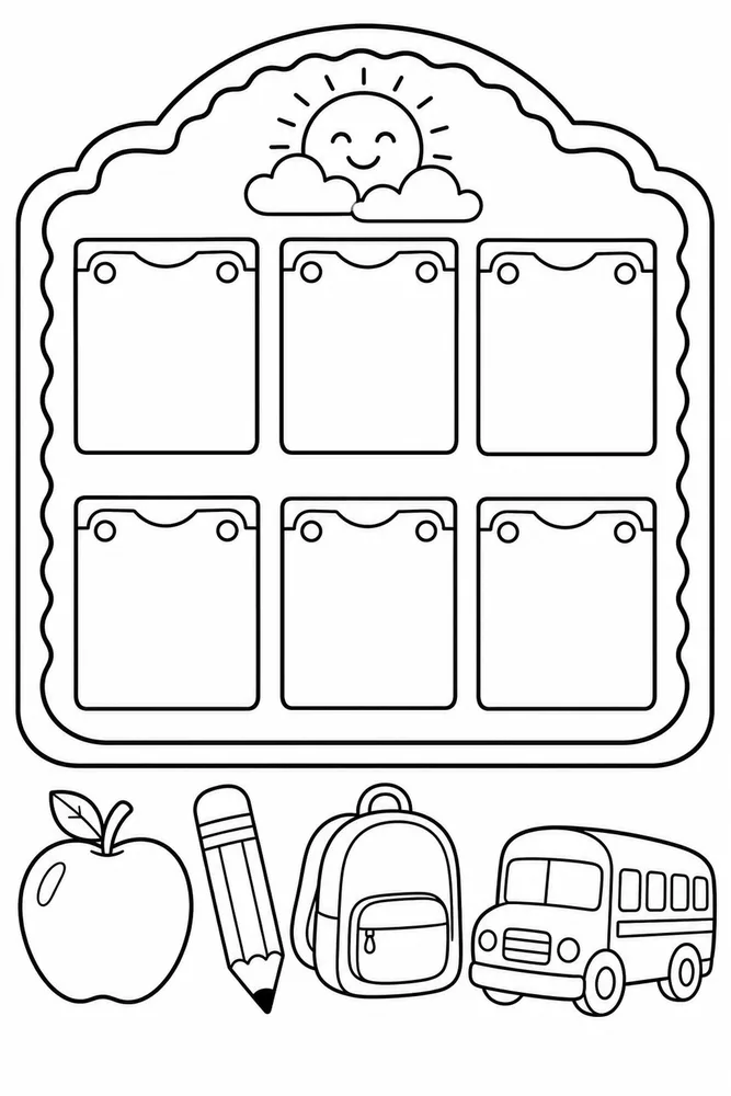 Black-and-white attendance check-in board coloring page with six blank cards, smiling sun, apple, pencil, backpack, and school bus.
