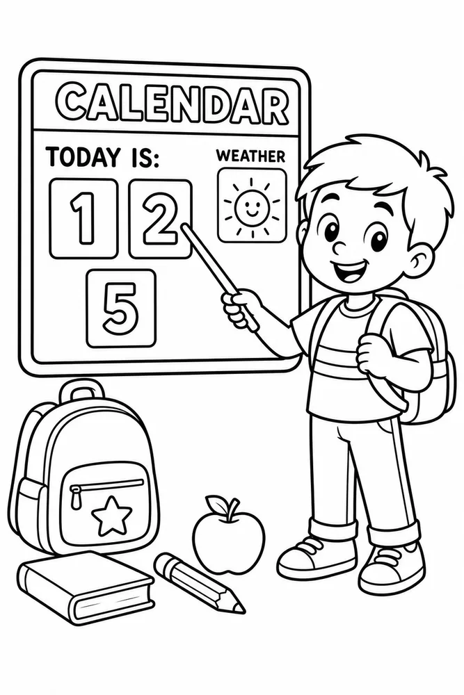 Child pointing to a classroom calendar board with number cards and a weather box, plus a backpack, book, pencil, and apple.