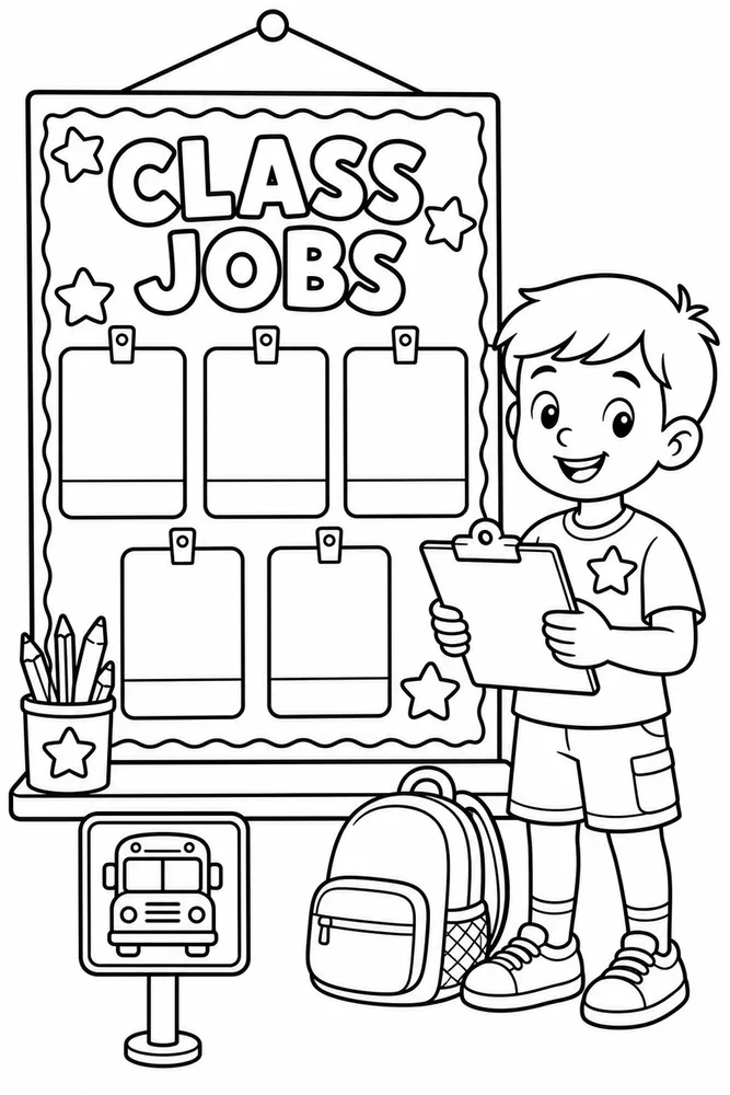 Class jobs helper chart coloring page with six blank cards and a child holding a clipboard