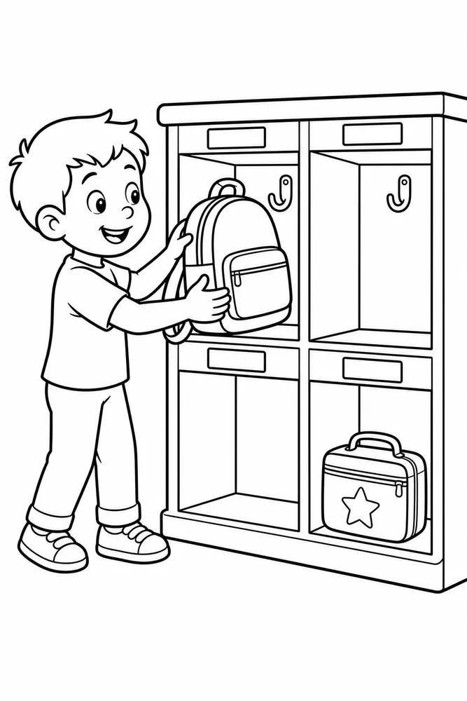 Child placing a backpack into a classroom cubby with hooks, blank name labels, and a lunch box below