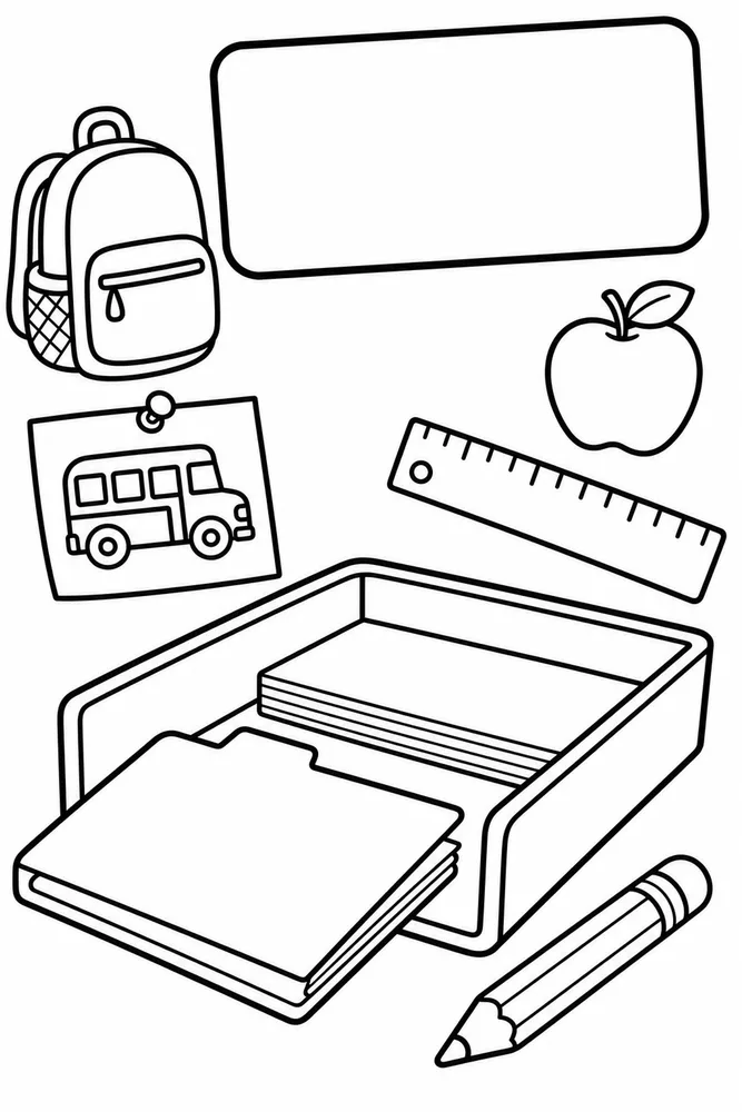Classroom turn-in tray coloring page with folders, papers, backpack, apple, ruler, pencil, bus card, and blank sign