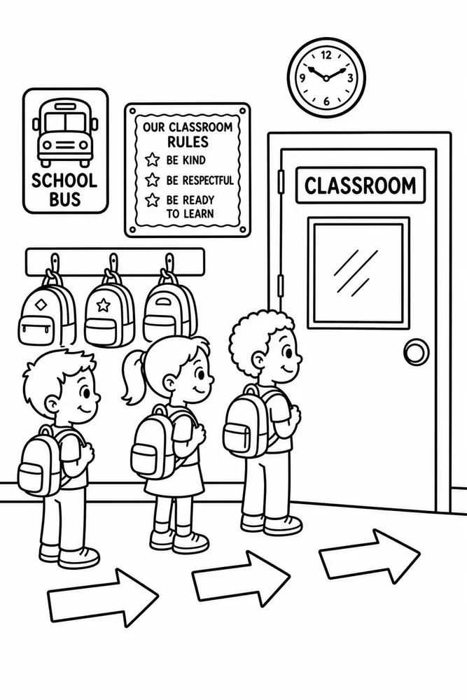 Three children with backpacks line up by a classroom door with floor arrows, wall hooks, a clock, and school signs.