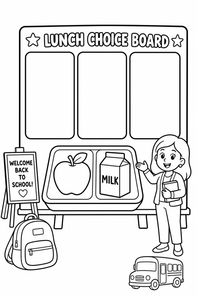 Printable lunch choice board coloring page with three blank boxes, lunch tray, apple, milk carton, teacher, backpack, and school bus.
