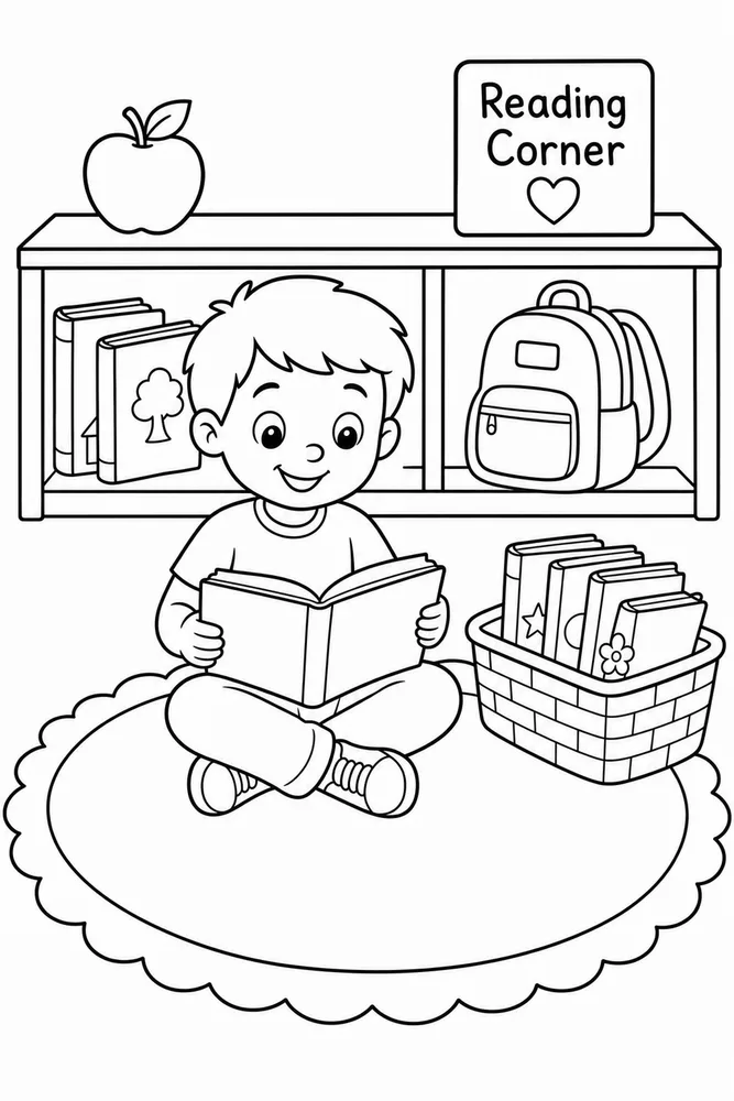 Child reading a book on a round rug in a classroom reading corner with shelf, basket of books, backpack, apple, and sign.