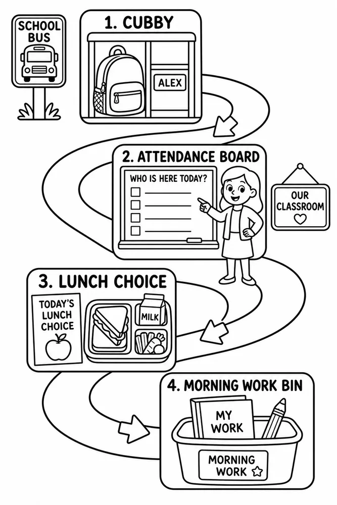 Black-and-white morning routine path page with cubby, attendance board, lunch choice, and morning work bin stops.