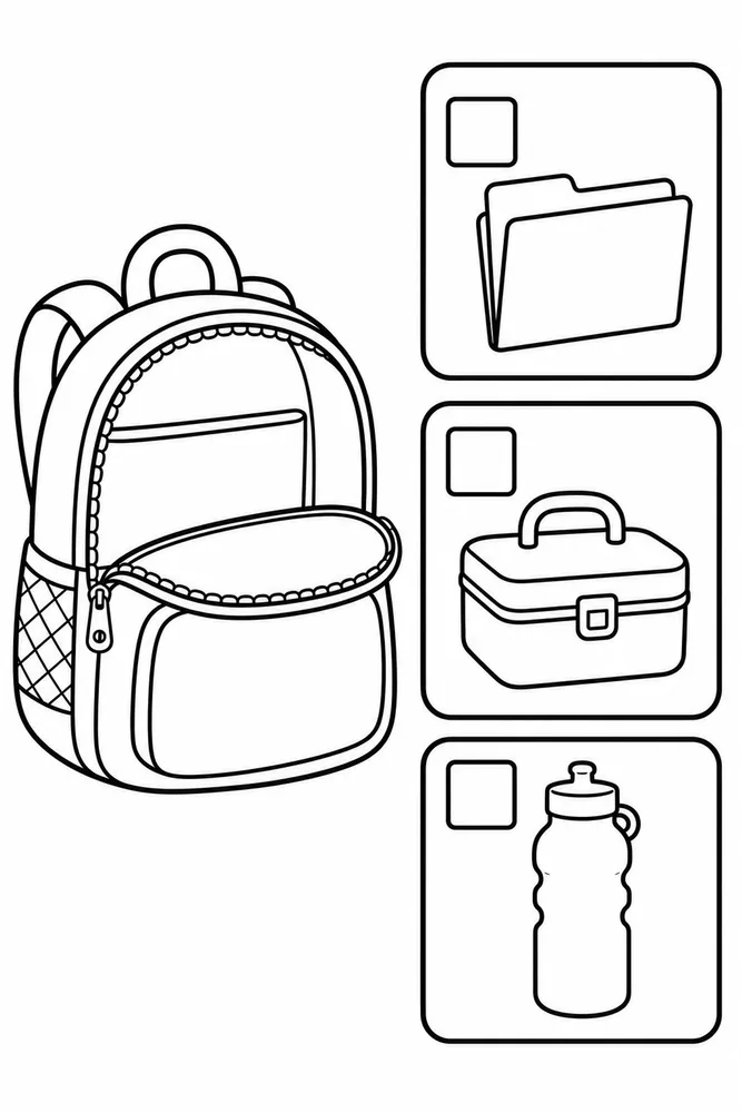 Open backpack coloring page with three checklist boxes showing a folder, lunch box, and water bottle.