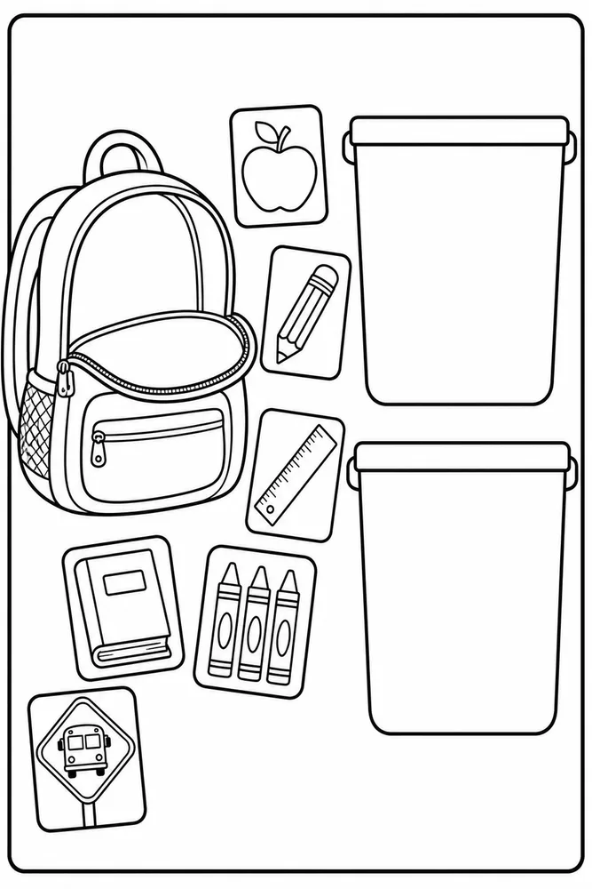 Black-and-white sorting page with an open backpack, school supply picture cards, and two large blank bins.