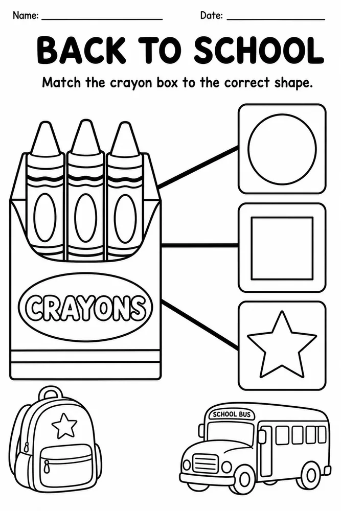 Back to school crayon box matching page with three shape cards: circle, square, and star.