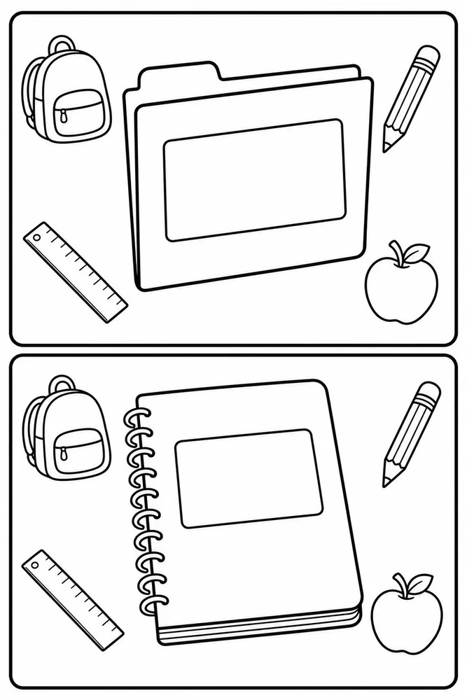 Two-panel coloring page with a folder on top and a spiral notebook below, plus a backpack, ruler, pencil, and apple.