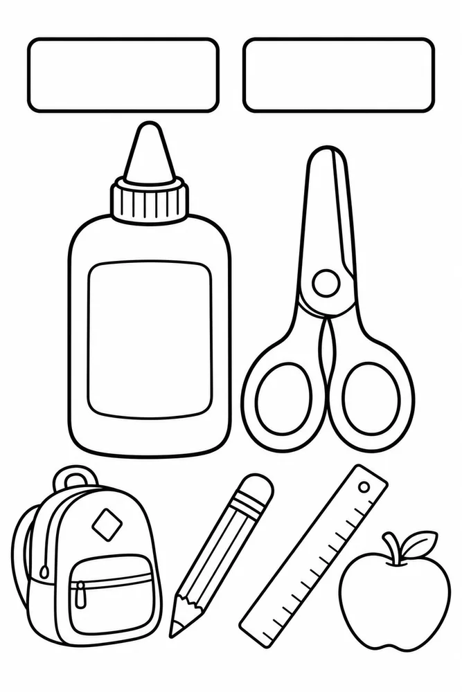 Black-and-white coloring page with a glue bottle, safety scissors, two blank label boxes, backpack, pencil, ruler, and apple.