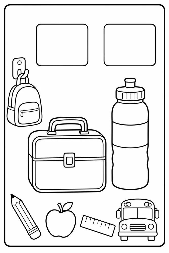 Black-and-white coloring page with a lunch box, water bottle, two blank matching boxes, backpack, pencil, apple, ruler, and school bus.