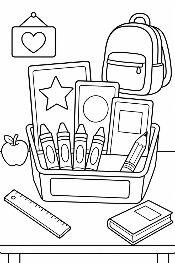Black-and-white coloring page of a supply tray with crayons, shape cards, pencil, backpack, ruler, book, apple, and heart sign