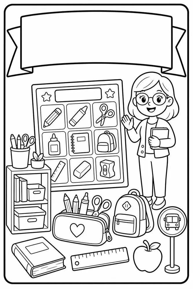 Black-and-white school supplies pack cover page with a blank banner, teacher, supply chart, shelf, pencil case, backpack, and classroom items.