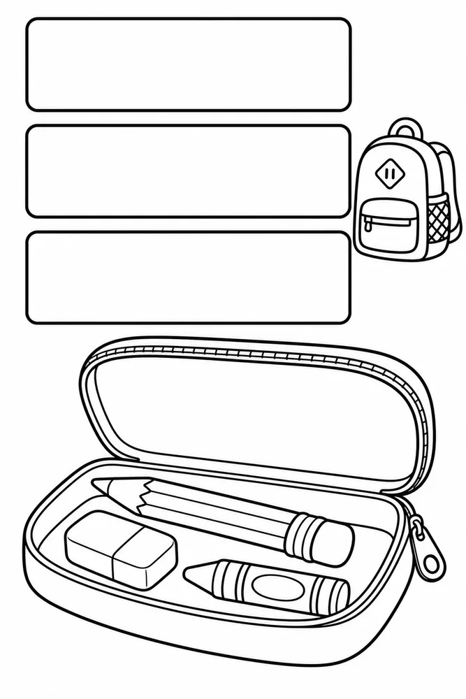 Black-and-white pencil case vocabulary page with three blank label boxes, a small backpack, and an open case holding a pencil, eraser, and crayon.