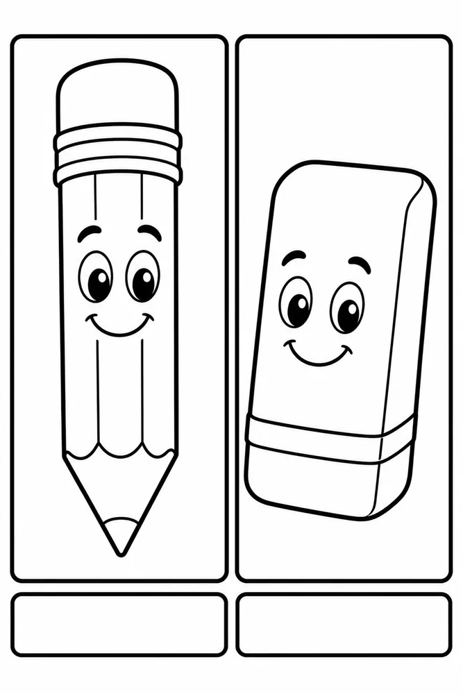 Black-and-white coloring page with a large smiling pencil and smiling eraser in separate panels with blank label boxes below.