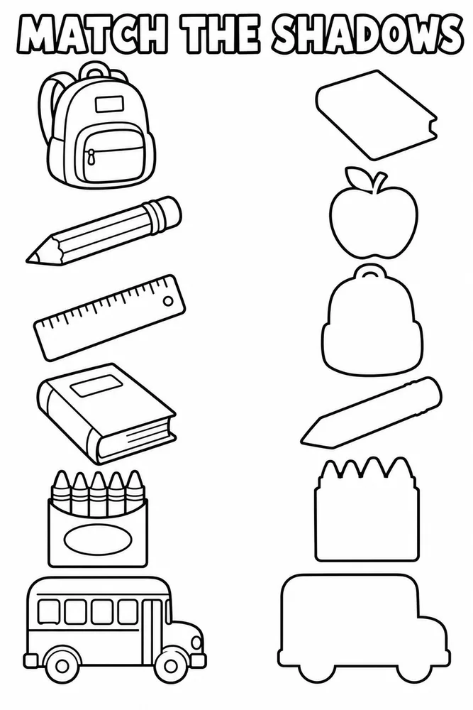 Black-and-white school supplies shadow matching worksheet with a backpack, pencil, ruler, book, crayons, bus, and matching outlines.