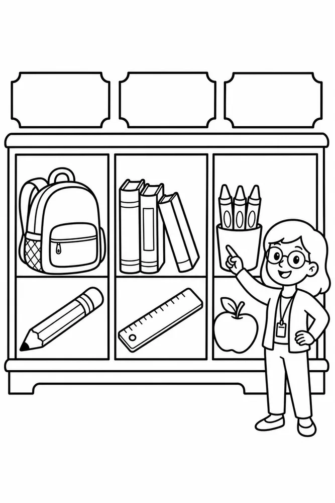 Black-and-white classroom shelf with three blank labels, school supplies, and a teacher pointing to the right section.