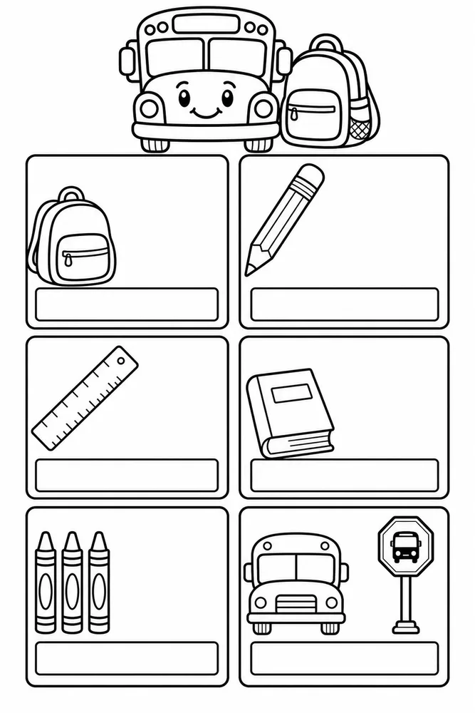 Back-to-school coloring worksheet with six boxes showing a backpack, pencil, ruler, book, crayons, and school bus