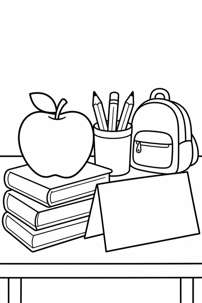 Black-and-white coloring page with an apple on stacked books, a pencil cup, backpack, and blank folded desk card on a table.