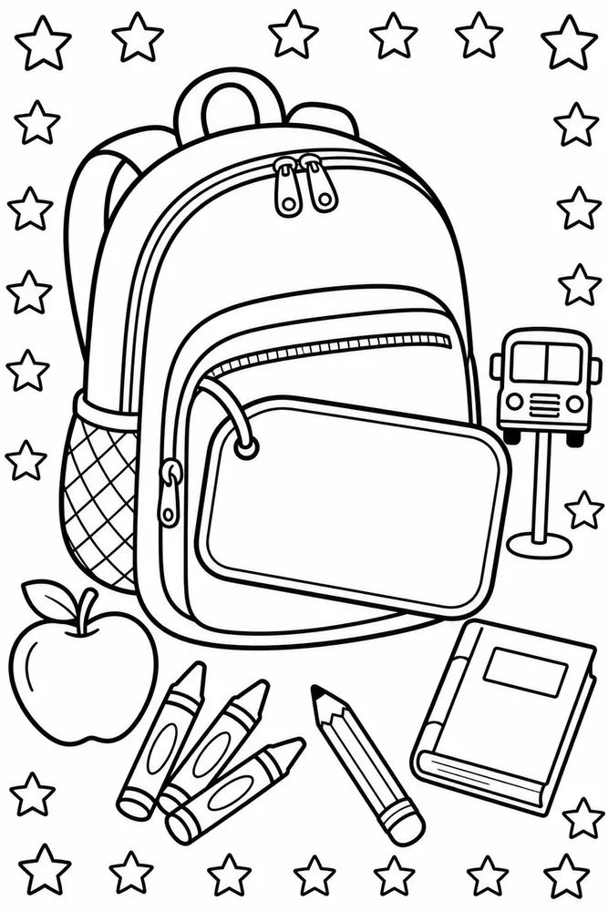 Black-and-white coloring page with a large backpack, blank name tag, school supplies, bus sign, and stars.
