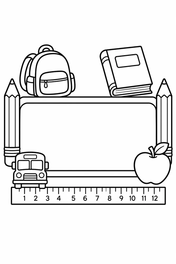 Black-and-white school desk name plate with pencil sides, ruler bottom, backpack, book, bus, and apple.