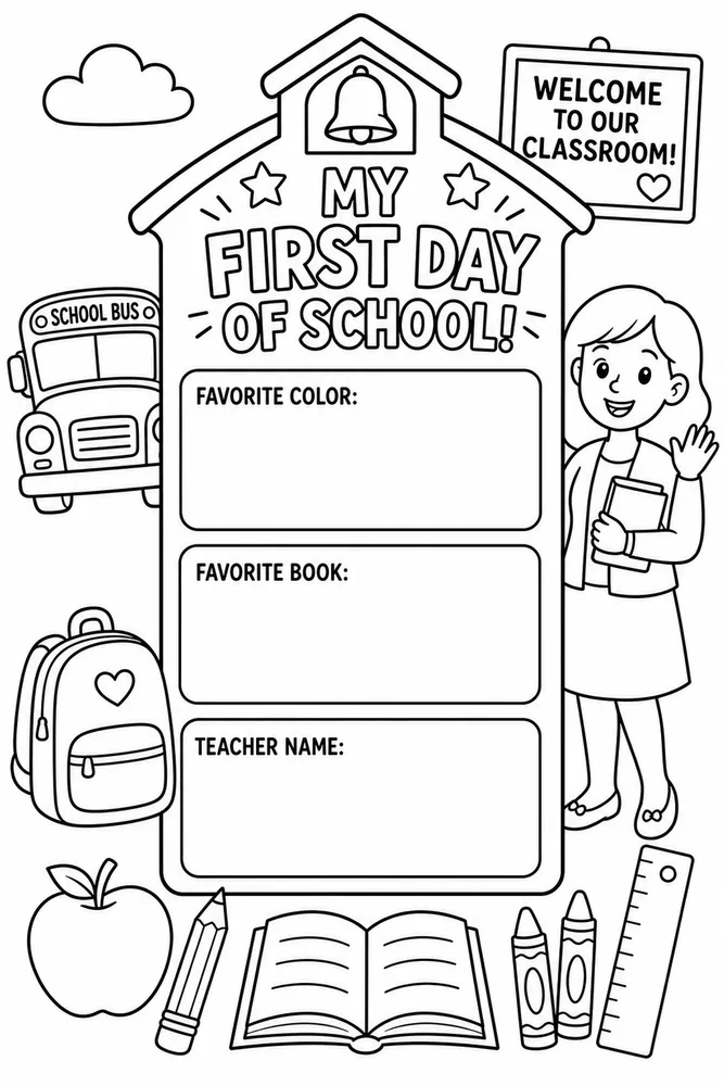 School-shaped first day of school keepsake coloring page with three writing boxes and school icons around it