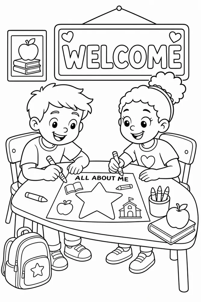 Two children color together at a classroom table beneath a welcome sign with school supplies around them.
