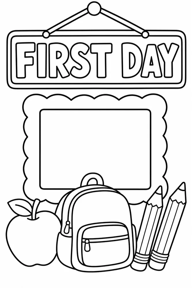 Coloring page with a hanging First Day sign, blank scalloped frame, backpack, apple, and two pencils.