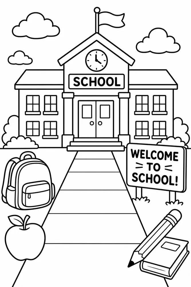Black-and-white coloring page of a school building with a clock, flag, welcome sign, walkway, backpack, apple, pencil, and book.