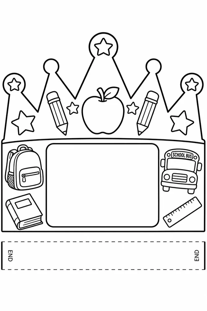 Black-and-white first day of school crown coloring page with a blank center panel and school-themed icons.