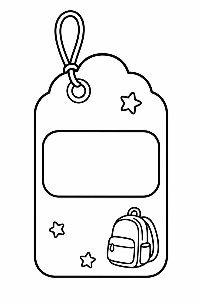 Black-and-white backpack-shaped name tag with a hanging loop, blank name box, stars, and a small backpack icon.