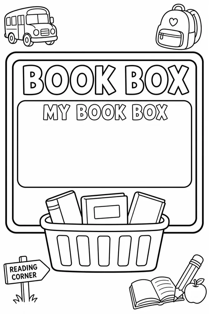 Printable book box label coloring page with a large blank center, book basket, reading corner sign, bus, backpack, open book, pencil, and apple.